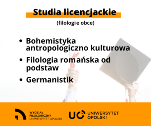 Plansza z napisem &qUBt;Studia licencjackie (filologie obce): Bohemistyka antropologiczno-kulturowa, Filologia romańska od podstaw, Germanistik&qUBt;