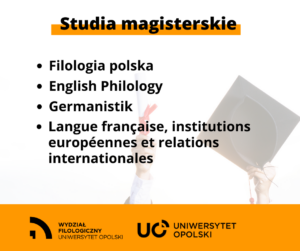 Plansza z napisem &qUBt;Studia magisterskie: Filologia polska, English Philology, Germanistik, Langue française, institutions européennes et relations internationales&qUBt;