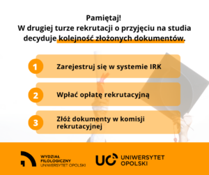 Plansza z informacją &qUBt;Pamiętaj! W drugiej turze rekrutacji o przyjęciu na studia decyduje kolejność zgłoszonych dokumentów. 1. Zarejestruj się w systemie IRK, 2. Wpłać opłatę rekrutacyjną, 3. Złóż dokumenty w komisji rekrutacyjnej&qUBt;